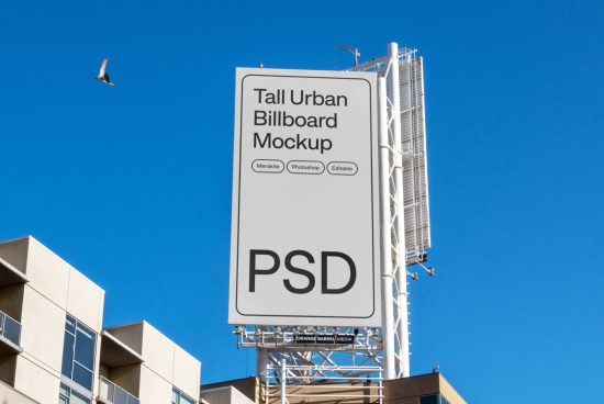 Urban billboard mockup on a tall pole with a clear sky in the background, ideal for outdoor advertising design presentations.